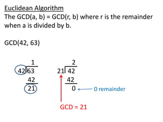 Euclidean Algorithm
The GCD(a, b) = GCD(r, b) where r is the remainder
when a is divided by b.

GCD(42, 63)

        1            2
    42 63        21 42
       42           42
       21            0        0 remainder

                  GCD = 21
 