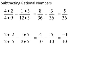 Subtracting Rational Numbers
 4 2       1 3       8     3    5
 4 9      12 3      36    36   36


 2 2      1 5        4     5    1
 2 5      2 5       10    10   10
 