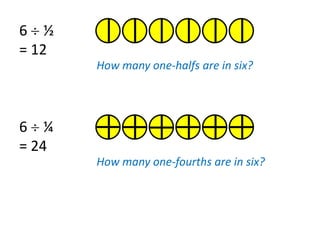 6 ½
= 12
       How many one-halfs are in six?




6 ¼
= 24
       How many one-fourths are in six?
 
