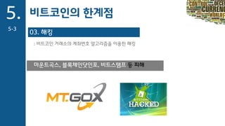 03. 해킹
: 비트코인 거래소의 계좌번호 알고리즘을 이용한 해킹
마운트곡스, 블록체인닷인포, 비트스탬프 등 피해
5.
5-3
비트코인의 한계점
 