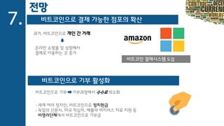 전망
7. 비트코인으로 결제 가능한 점포의 확산
비트코인으로 기부 활성화
과거, 비트코인으로 개인 간 거래
온라인 쇼핑몰 및 상점에서
결제로 이용하는 곳 증가
: 비트코인 결제시스템 도입
비트코인으로 기부 기부과정에서 수수료 최소화
: 세계 여러 정치인, 비트코인으로 정치헌금
: 독일의 신문사, 미국 적십자, 에볼라 바이러스 치료 지원 등
비영리단체에서 비트코인으로 기부금
 