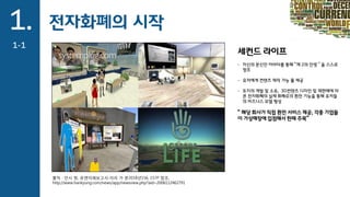 전자화폐의 시작1.
1-1
세컨드 라이프
- 자신의 분신인 아바타를 통해 “제 2의 인생＂을 스스로
창조
- 유저에게 컨텐츠 제작 가능 툴 제공
- 토지의 개발 및 소유, 3D컨텐츠 디자인 및 재판매에 따
른 전자화폐의 실제 화폐로의 환전 기능을 통해 유저들
의 비즈니스 모델 형성
“ 해당 회사가 직접 환전 서비스 제공, 각종 기업들
이 가상매장에 입점해서 한때 주목”
출처 : 안시 청, 유엔미래보고서-미리 가 본2018년156, 157P 참조,
http://www.hankyung.com/news/app/newsview.php?aid=2006112462791
 