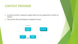 CONTENT PROVIDER
 A content provider component supplies data from one application to others on
request.
 They handle data and database management issues.
 