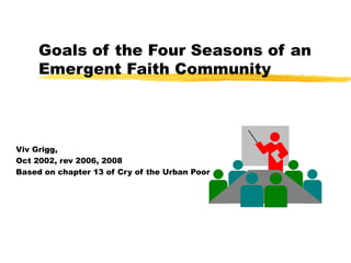 Goals of the Four Seasons of an
Emergent Faith Community
Viv Grigg,
Oct 2002, rev 2006, 2008
Based on chapter 13 of Cry of the Urban Poor
 