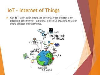 10
IoT - Internet of Things
 Con IoT la relación entre las personas y los objetos a se
potencia con Internet, adicional a este se crea una relación
entre objetos directamente.
 