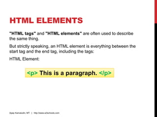 HTML ELEMENTS
"HTML tags" and "HTML elements" are often used to describe
the same thing.
But strictly speaking, an HTML element is everything between the
start tag and the end tag, including the tags:
HTML Element:
Apep Kamaludin, MT. | http://www.w3schools.com
<p> This is a paragraph. </p>
 