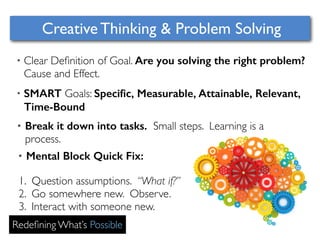 Creative Thinking & Problem Solving 
• Clear Definition of Goal. Are you solving the right problem? 
Cause and Effect. 
• SMART Goals: Specific, Measurable, Attainable, Relevant, 
Time-Bound 
• Break it down into tasks. Small steps. Learning is a 
process. 
• Mental Block Quick Fix: 
1. Question assumptions. “What if?” 
2. Go somewhere new. Observe. 
3. Interact with someone new. 
Redefining What’s Possible 
 