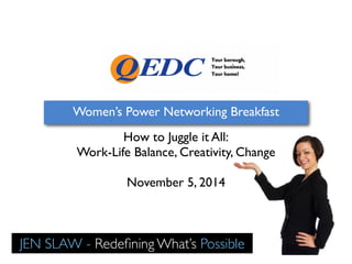 Women’s Power Networking Breakfast 
How to Juggle it All: 
Work-Life Balance, Creativity, Change 
November 5, 2014 
JEN SLAW - Redefining What’s Possible 
 