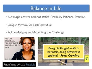 Balance in Life 
• No magic answer and not static! Flexibility, Patience, Practice. 
• Unique formula for each individual 
• Acknowledging and Accepting the Challenge 
Redefining What’s Possible 
Being challenged in life is 
inevitable, being defeated is 
optional. - Roger Crawford 
 