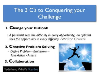 The 3 C’s to Conquering your 
Challenge 
1. Change your Outlook 
• A pessimist sees the difficulty in every opportunity; an optimist 
sees the opportunity in every difficulty - Winston Churchill 
2. Creative Problem Solving 
• Define Problem - Brainstorm - 
Take Action - Assess 
3. Collaboration 
Redefining What’s Possible 
 
