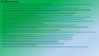 References• Anxietybc.com,. Home Management Strategies for Panic Disorder | Anxiety BC. Retrieved 3 May 2015, from http://www.anxietybc.com/parenting/home-management-strategies-panic-disorder
• Asthmaaustralia.org.au,. Statistics | Asthma Foundation. Retrieved 5 May 2015, from http://www.asthmaaustralia.org.au/Statistics.aspx
• Mayoclinic.org,. (2015). Asthma Complications - Mayo Clinic. Retrieved 5 May 2015, from http://www.mayoclinic.org/diseases-conditions/asthma/basics/complications/con-20026992
• Burns, L., & Teesson, M. (2002). Alcohol use disorders comorbid with anxiety, depression and drug use disorders: Findings from the Australian National Survey of Mental Health and Well Being.
Sciencedirect.com. Retrieved 4 May 2015, from http://www.sciencedirect.com/science/article/pii/S037687160200220X
• Catanzariti, L., Hurst, H., & Byng, K. Type 2 diabetes in Australia's children and young people (20th ed., p. 9). Canberra: Australian Institute of Health and Welfare.
• Cherney, K. (2014). Alcohol and Anxiety. Healthline. Retrieved 4 May 2015, from http://www.healthline.com/health/alcohol-and-anxiety#PossibleCause4
• Diabetesaustralia.com.au,. (2013). Diabetes in Australia - Diabetes Australia. Retrieved 5 May 2015, from http://www.diabetesaustralia.com.au/Understanding-Diabetes/Diabetes-in-Australia/
• Education.qld.gov.au,. (2015). Physical activity in state schools. Retrieved 5 May 2015, from http://education.qld.gov.au/schools/healthy/wellbeing-guidelines/physical-activity.html
• Headspace.org.au,. (2015). headspace - Australia’s National Youth Mental Health Foundation. Retrieved 5 May 2015, from http://www.headspace.org.au/what-works/research-information/anxiety
• Health at a Glance 2011. (2011). Health At A Glance. doi:10.1787/health_glance-2011-en
• Healthline,. Recognizing Anxiety: Symptoms, Signs, and Risk Factors. Retrieved 4 May 2015, from http://www.healthline.com/health/anxiety/effects-on-body
• Janssen, I., & LeBlanc, A. (2010). Systematic review of the health benefits of physical activity and fitness in school-aged children and youth. Biomedcentral.com. Retrieved 5 May 2015, from
http://www.biomedcentral.com/content/pdf/1479-5868-7-40.pdf&amp
• Jongerden, L. (2015). Child anxiety in mental health care: Closing the gaps between research and clinical practice. Amsterdam.
• Mayo Clinic Staff,. (2012). Panic attacks and panic disorder - Mayo Clinic. Mayoclinic.org. Retrieved 5 May 2015, from http://www.mayoclinic.org/diseases-conditions/panic-attacks/basics/definition/con-
20020825
• Mayoclinic.org,. Asthma Risk factors - Mayo Clinic. Retrieved 5 May 2015, from http://www.mayoclinic.org/diseases-conditions/asthma/basics/risk-factors/con-20026992
• Medicalnewstoday.com,. What is Diabetes? What causes Diabetes?. Retrieved 5 May 2015, from http://www.medicalnewstoday.com/info/diabetes/
• Nhs.uk,. (2014). Type 1 diabetes - Causes - NHS Choices. Retrieved 5 May 2015, from http://www.nhs.uk/Conditions/Diabetes-type1/Pages/Causes.aspx
• ReachOut.com,. Mental health issues. Retrieved 3 May 2015, from http://au.reachout.com/tough-times/mental-health-
issues?gclid=CjwKEAjwsZyqBRCT1aq6qcD53DQSJACcen4CyAj5bc7gXKU43n9mSvEvcCgs1fXRAznqgOh-j4zDZRoCI9Hw_wcB
• Rennert, N. (2012). Long term complications of diabetes: MedlinePlus Medical Encyclopedia. Nlm.nih.gov. Retrieved 5 May 2015, from
http://www.nlm.nih.gov/medlineplus/ency/patientinstructions/000327.htm
• Upmc.com,. (2013). Diabetes: Short-Term Problems. Retrieved 5 May 2015, from http://www.upmc.com/patients-visitors/education/diabetes/Pages/diabetes-short-term-problems.aspx
 