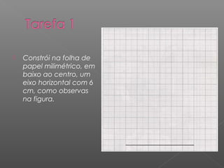 Constrói na folha de
papel milimétrico, em
baixo ao centro, um
eixo horizontal com 6
cm, como observas
na figura.
 