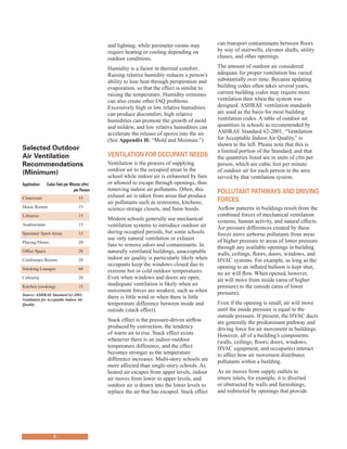 6
selected outdoor
Air Ventilation
recommendations
(minimum)
Application cubic feet per minute (cfm)
per person
Classroom 15
Music Rooms 15
Libraries 15
Auditoriums 15
Spectator Sport Areas 15
Playing Floors 20
Office Space 20
Conference Rooms 20
Smoking Lounges 60
Cafeteria 20
Kitchen (cooking) 15
Source:ASHRAE Standard 62-2001,
Ventilation for Acceptable Indoor Air
Quality
and lighting, while perimeter rooms may
require heating or cooling depending on
outdoor conditions.
Humidity is a factor in thermal comfort.
Raising relative humidity reduces a person’s
ability to lose heat through perspiration and
evaporation, so that the effect is similar to
raising the temperature. Humidity extremes
can also create other IAQ problems.
Excessively high or low relative humidities
can produce discomfort, high relative
humidities can promote the growth of mold
and mildew, and low relative humidities can
accelerate the release of spores into the air.
(See Appendix H: “Mold and Moisture.”)
VentIlAtIon for occUpAnt needs
Ventilation is the process of supplying
outdoor air to the occupied areas in the
school while indoor air is exhausted by fans
or allowed to escape through openings, thus
removing indoor air pollutants. Often, this
exhaust air is taken from areas that produce
air pollutants such as restrooms, kitchens,
science-storage closets, and fume hoods.
Modern schools generally use mechanical
ventilation systems to introduce outdoor air
during occupied periods, but some schools
use only natural ventilation or exhaust
fans to remove odors and contaminants. In
naturally ventilated buildings, unacceptable
indoor air quality is particularly likely when
occupants keep the windows closed due to
extreme hot or cold outdoor temperatures.
Even when windows and doors are open,
inadequate ventilation is likely when air
movement forces are weakest, such as when
there is little wind or when there is little
temperature difference between inside and
outside (stack effect).
Stack effect is the pressure-driven airflow
produced by convection, the tendency
of warm air to rise. Stack effect exists
whenever there is an indoor-outdoor
temperature difference, and the effect
becomes stronger as the temperature
difference increases. Multi-story schools are
more affected than single-story schools. As
heated air escapes from upper levels, indoor
air moves from lower to upper levels, and
outdoor air is drawn into the lower levels to
replace the air that has escaped. Stack effect
can transport contaminants between floors
by way of stairwells, elevator shafts, utility
chases, and other openings.
The amount of outdoor air considered
adequate for proper ventilation has varied
substantially over time. Because updating
building codes often takes several years,
current building codes may require more
ventilation then when the system was
designed. ASHRAE ventilation standards
are used as the basis for most building
ventilation codes. A table of outdoor air
quantities in schools as recommended by
ASHRAE Standard 62-2001, “Ventilation
for Acceptable Indoor Air Quality,” is
shown to the left. Please note that this is
a limited portion of the Standard, and that
the quantities listed are in units of cfm per
person, which are cubic feet per minute
of outdoor air for each person in the area
served by that ventilation system.
pollUtAnt pAthWAys And drIVInG
forces
Airflow patterns in buildings result from the
combined forces of mechanical ventilation
systems, human activity, and natural effects.
Air pressure differences created by these
forces move airborne pollutants from areas
of higher pressure to areas of lower pressure
through any available openings in building
walls, ceilings, floors, doors, windows, and
HVAC systems. For example, as long as the
opening to an inflated balloon is kept shut,
no air will flow. When opened, however,
air will move from inside (area of higher
pressure) to the outside (area of lower
pressure).
Even if the opening is small, air will move
until the inside pressure is equal to the
outside pressure. If present, the HVAC ducts
are generally the predominant pathway and
driving force for air movement in buildings.
However, all of a building’s components
(walls, ceilings, floors, doors, windows,
HVAC equipment, and occupants) interact
to affect how air movement distributes
pollutants within a building.
As air moves from supply outlets to
return inlets, for example, it is diverted
or obstructed by walls and furnishings,
and redirected by openings that provide
 