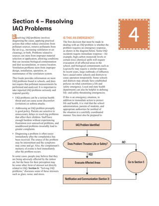 13
Resolving IAQ problems involves
diagnosing the cause, applying practical
actions that either reduce emissions from
pollutant sources, remove pollutants from
the air (e.g., increasing ventilation or air
cleaning), or both. Problems related to
sources can stem from improper material
selection or application, allowing conditions
that can increase biological contamination
and dust accumulation, or source location.
Ventilation problems stem from improper
design, installation, operation, or
maintenance of the ventilation system.
This Guide provides information on most
IAQ problems found in schools, and does
not require that pollutant measurements be
performed and analyzed. It is important to
take reported IAQ problems seriously and
respond quickly:
• IAQ problems can be a serious health
threat and can cause acute discomfort
(irritation) or asthma attacks.
• Addressing an IAQ problem promptly
is good policy. Parents are sensitive to
unnecessary delays in resolving problems
that affect their children. Staff have
enough burdens without experiencing
frustration over unresolved problems, and
unaddressed problems invariably lead to
greater complaints.
• Diagnosing a problem is often easier
immediately after the complaint(s) has
been received. The source of the problem
may be intermittent and the symptoms
may come and go. Also, the complainant’s
memory of events is best immediately
after the problem occurs.
In some cases, people may believe that they
are being adversely affected by the indoor
air, but the basis for their perception may
be some other form of stressor not directly
related to IAQ. Section 6: “Solving IAQ
problems,” discusses some of these stressors
such as glare, noise, and stress.
4
section 4 – resolving
IAQ problems
Is thIs An emerGency?
The first decision that must be made in
dealing with an IAQ problem is whether the
problem requires an emergency response,
as shown in the diagram below. Some IAQ
incidents require immediate response—for
example, high carbon monoxide levels or
certain toxic chemical spills will require
evacuation of all affected areas in the
school, and biological contaminants such as
Legionella may require a similar response.
In recent years, large outbreaks of influenza
have caused entire schools and districts to
cease operation temporarily. Some schools
and districts may already have established
policies on what constitutes a life and
safety emergency. Local and state health
departments can also be helpful in defining
life- and safety-threatening emergencies.
If this is an emergency situation, in
addition to immediate action to protect
life and health, it is vital that the school
administration, parents of students, and
appropriate authorities be notified of
the situation in a carefully coordinated
manner. You must also be prepared to
IAQ problem Identified
notification and communication (section 3)
does problem threaten life or safety?
Go to section 5evacuate Affected Areas
NO
YES
 