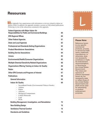 resources
T his appendix lists organizations with information or services related to indoor air
quality (IAQ). In addition, the appendix includes a section on IAQ-related publications.
Following is a list of the subsections contained in this appendix.
federal agencies with Major indoor air
responsibilities for Public and Commercial Buildings
ePa regional offices
other federal agencies
state and local agencies
Professional and standards setting organizations
Product Manufacturer associations
Building service associations
unions
environmental/Health/Consumer organizations
Multiple Chemical sensitivity-related organizations
organizations offering training on indoor air Quality
radon
other ePa Contacts and Programs of interest
Publications
general information
indoor air Quality
- Secondhand Smoke (Environmental Tobacco Smoke)
- Asthma
- Radon
- Asbestos
- Biological Contaminants
- Carbon Monoxide
- Lead
�
- PCBs
�
Building Management, investigation, and remediation
new Building design
ventilation/thermal Comfort
standards and guidelines
60
60
61
62
62
63
64
65
65
66
66
66
67
68
69
69
75
76
76
79
L
Please note:
Reference herein
to any specific
commercial
products, process,
or service by trade
name, trademark,
manufacturer, or
otherwise, does
not necessarily
constitute or imply
its endorsement,
recommendation,
or favoring by
the United States
Government.
The views and
opinions of
authors expressed
herein do not
necessarily state
or reflect those of
the United States
Government and
shall not be used
for advertising
or product
endorsement
purposes.
59
 