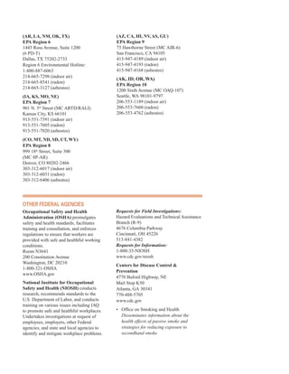 (AR, LA, NM, OK, TX)
EPA Region 6
1445 Ross Avenue, Suite 1200 

(6 PD-T) 

Dallas, TX 75202-2733 

Region 6 Environmental Hotline: 

1-800-887-6063
�
214-665-7298 (indoor air) 

214-665-8541 (radon)
�
214-665-3127 (asbestos)
�
(IA, KS, MO, NE)
EPA Region 7
901 N. 5th
Street (MC ARTD/RALI)
Kansas City, KS 66101
913-551-7391 (indoor air)
913-551-7605 (radon)
913-551-7020 (asbestos)
(CO, MT, ND, SD, UT,WY)
EPA Region 8
999 18th
Street, Suite 300 

(MC 8P-AR) 

Denver, CO 80202-2466
�
303-312-6017 (indoor air) 

303-312-6031 (radon) 

303-312-6406 (asbestos)
�
(AZ, CA, HI, NV,AS, GU)
EPA Region 9
75 Hawthorne Street (MC AIR-6)
San Francisco, CA 94105
415-947-4189 (indoor air)
415-947-4193 (radon)
415-947-4168 (asbestos)
(AK, ID, OR,WA)
EPA Region 10
1200 Sixth Avenue (MC OAQ-107)
Seattle, WA 98101-9797
206-553-1189 (indoor air)
206-553-7660 (radon)
206-553-4762 (asbestos)
otHer federal agenCies
Occupational Safety and Health
Administration (OSHA) promulgates
safety and health standards, facilitates
training and consultation, and enforces
regulations to ensure that workers are
provided with safe and healthful working
conditions.
Room N3641
200 Constitution Avenue
Washington, DC 20210
1-800-321-OSHA
www.OSHA.gov
National Institute for Occupational
Safety and Health (NIOSH) conducts
research, recommends standards to the
U.S. Department of Labor, and conducts
training on various issues including IAQ
to promote safe and healthful workplaces.
Undertakes investigations at request of
employees, employers, other Federal
agencies, and state and local agencies to
identify and mitigate workplace problems.
Requests for Field Investigations:
Hazard Evaluations and Technical Assistance
Branch (R-9)
4676 Columbia Parkway
Cincinnati, OH 45226
513-841-4382
Requests for Information:
1-800-35-NIOSH
www.cdc.gov/niosh
Centers for Disease Control &
Prevention
4770 Buford Highway, NE
Mail Stop K50
Atlanta, GA 30341
770-488-5705
www.cdc.gov
• Office on Smoking and Health
Disseminates information about the

health effects of passive smoke and

strategies for reducing exposure to

secondhand smoke.

61
 
