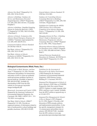 Asbestos Fact Book.* Prepared by U.S.
EPA. EPA 745-K-93-016.
Asbestos in Buildings: Guidance for
Service and Maintenance Personnel
(English/Spanish). (1985)** Prepared by
U.S. EPA. EPA 560-5-85-018. (“Custodial
Pamphlet”)
Asbestos in Buildings: Simplified Sampling
Scheme for Surfacing Materials. (1985)
** Prepared by U.S. EPA. 560-5-85-030A.
(“Pink Book”)
Asbestos in Schools: Evaluation of the
Asbestos Hazard Emergency Response Act
(AHERA).* Summary report prepared by
U.S. EPA. EPA 560-491-012.
Construction Industry Asbestos Standard.
29 CFR Part 1926.58.
Fact Sheet: Asbestos.* Prepared by U.S.
EPA. EPA 745-F-93-007.
Fact Sheet: Asbestos in Schools:
Evaluation of AHERA.* Prepared by U.S.
EPA. EPA 745-F-91-100.
General Industry Asbestos Standard. 29
CFR Part 1910.1001.
Guidance for Controlling Asbestos-
Containing Materials in Buildings.
(1985)** Prepared by U.S. EPA. EPA 560-
5-85-024. (“Purple Book”)
Guidelines for Conducting the AHERA
TEM Clearance Test to Determine
Completion of an Asbestos Abatement
Project. ** Prepared by U.S. EPA. EPA
560-5-89-001.
Managing Asbestos In Place: A Building
Owner’s Guide to Operations and
Maintenance Programs for Asbestos-
Containing Materials. (1990)** Prepared
by U.S. EPA. 1990. (“Green Book”)
Measuring Airborne Asbestos Following
An Abatement Action. (1985)** Prepared
by U.S. EPA. EPA 600-4-85-049. (“Silver
Book”)
National Emissions Standards for
Hazardous Air Pollutants. 40 CFR Part 61.
(April 1984)** Prepared by U.S. EPA.
Biological Contaminants (Mold, Pests, etc.)
A Brief Guide to Mold, Moisture, andYour
Home.** Prepared by U.S. EPA. Provides
information and guidance for homeowners
and renters on how to clean up residential
mold and moisture problems and how to
prevent build-up. (Available in Spanish.)
EPA 402-K-02-003. Available for
downloading in PDF from the EPA
website at www.epa.gov/iaq/molds/
images/moldguide.pdf
Bioaerosols, Assessment and Control. (1999)
Prepared by the American Conference of
Governmental Industrial Hygienists, Inc.
Cincinnati, OH. ISBN 1-882417-29-1. 513-
742-2020. www.acgih.org
Fact Sheet: Mold in Schools. (2004)**
Prepared by U.S. EPA. Provides an
organized summary of information related to
facts of mold growth in school buildings and
portable classrooms. EPA 402-F-03-029.
Guidelines for the Assessment of
Bioaerosols in the Indoor Environment.
(1989) Prepared by the American
Conference of Governmental Industrial
Hygienists. 6500 Glenway Avenue,
Building D-7, Cincinnati, OH 45211.
Integrated Pest Management in Schools (A
Better Method). (VHS Video or CD-ROM)
Prepared by Safer Pest control Project
(SPCP). Explains in simple language what
IPM is and how to get it started. Available
from the SPCP website at spcpweb.org/ or
at 312-641-5575.
Integrated Pest Management for Schools:
A How-to Manual. (1997) Prepared
by U.S. EPA, Region 9. Provides a full
discussion of IPM concepts, policies,
and implementation practicalities. It also
has specific management strategies for
14 common pests and problem sites at
schools. EPA 909-B-97-001. Available
from the EPA website at www.epa.
gov/pesticides/ipm/schoolipm/index.html
73
 
