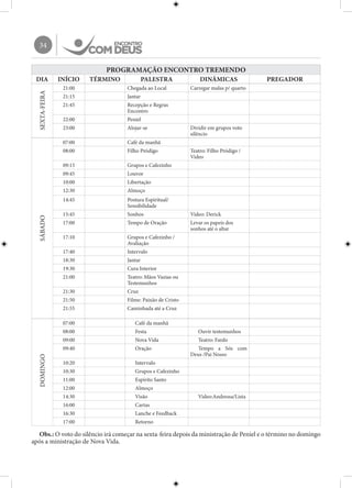 34
PROGRAMAÇÃO ENCONTRO TREMENDO
DIA INÍCIO TÉRMINO PALESTRA DINÂMICAS PREGADOR
SEXTA-FEIRA
21:00 Chegada ao Local Carregar malas p/ quarto
21:15 Jantar
21:45 Recepção e Regras
Encontro
22:00 Peniel
23:00 Alojar-se Dividir em grupos voto
silêncio
SÁBADO
07:00 Café da manhã
08:00 Filho Pródigo Teatro: Filho Pródigo /
Video
09:15 Grupos e Cafezinho
09:45 Louvor
10:00 Libertação
12:30 Almoço
14:45 Postura Espiritual/
Sensibilidade
15:45 Sonhos Video: Derick
17:00 Tempo de Oração Levar os papeis dos
sonhos até o altar
17:10 Grupos e Cafezinho /
Avaliação
17:40 Intervalo
18:30 Jantar
19:30 Cura Interior
21:00 Teatro: Mãos Vazias ou
Testemunhos
21:30 Cruz
21:50 Filme: Paixão de Cristo
21:55 Caminhada até a Cruz
DOMINGO
07:00 Café da manhã
08:00 Festa Ouvir testemunhos
09:00 Nova Vida Teatro: Fardo
09:40 Oração Tempo a Sós com
Deus /Pai Nosso
10:20 Intervalo
10:30 Grupos e Cafezinho
11:00 Espírito Santo
12:00 Almoço
14:30 Visão Video:Andressa/Lista
16:00 Cartas
16:30 Lanche e Feedback
17:00 Retorno
Obs.: O voto do silêncio irá começar na sexta-feira depois da ministração de Peniel e o término no domingo
após a ministração de Nova Vida.
 