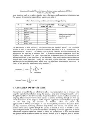 International Journal of Computer Science, Engineering and Applications (IJCSEA)
Vol.11, No.5, October 2021
11
some situations such as tornadoes, thunder snows, hurricanes, and sandstorms in this prototype.
The scenario for rain occurring conditions are shown in table 2.
Table 2. Rain occurring condition with corresponding probability.
Sl. Weather Occurrence probability
on any day (
Assumption of Chance of
rain
1. Sunny/ Clear 0.0
Based on calculation and
threshold value of
equation (2)
2. Fog 0.0
3. Partially cloudy 0.1
4. Drizzle 0.2
5. Cloudy 0.3
6. Light rain 0.4
7. Overcast 0.7
8. Storm 0.8
9. Heavy Rain 0.9
The Occurrence of rain involves a calculation based on threshold value . The calculation
involves N days of observation on weather condition. The value of N is 2 in this case. The
determination of T is typical, i.e. if a wrong value is chosen it will not provide accurate result. So,
observations are made for a particular time. It is observed from the experiment, that if the
threshold value becomes , then a significant rain is observed. Otherwise, the rain does not
become significant. So, the occurrence of rain becomes 1 (true) if the certain condition shown at
the right hand on the equation (1) satisfy and it becomes 0 (false) otherwise. This calculation is
performed in the android background, which is the key point of decision message generation. The
chance of rain occurring is calculated using equation (2).
6. CONCLUSION AND FUTURE SCOPE
This system is found to be cost effective to reduce water consumption and to optimize water
usage for agricultural production. Using the system, a large area for irrigation can be served
through IoT and WSN. The devices used to design the system are chosen based on scalability and
longevity. The outcomes from the server indicate an optimal monitoring through IoT from any
corner of the world. In this proposed model, irrigation suggestion is established through 2 steps.
For the first step, the selection of threshold values for server side
application and are showing better performance than others. In the
last step, occurrence probability calculation helps to take final decision. This ensures a lot of
farmers can be served together through this system. As a result, it would be possible to save a
significant groundwater. The system was developed concerning for real life application, to ensure
autonomous irrigation support for farmers. In future, this system could be more efficient which
may provide better information about user actions, nutrient level of the plants, time to harvest,
 