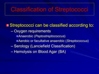 Classification of Streptococci
Streptococci can be classified according to:
– Oxygen requirements
Anaerobic (Peptostreptoc...