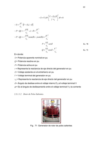 89
0;
*
=





⋅
∠−
⋅∠=− θ
δ
θ
dxj
EV
VS
[ ]
dd
dd
d
x
jV
jsen
x
jVE
QjP
x
jV
x
jVE
QjP
EV
x
jV
S
2
2
))()(cos( +−−=−−
+−∠⋅−=−−
−∠−⋅=−
δδ
δ
δ
δsen
x
VE
P
d
= Ec. 70
dd x
V
x
VE
Q
2
cos −= δ Ec. 71
En donde:
S = Potencia aparente nominal en pu
Q = Potencia reactiva en pu
P = Potencia activa en pu
r = Representa la reactancia de eje directo del generador en pu
E = Voltaje existente en el entrehierro en pu
V = Voltaje terminal del generador en pu
dx = Representa la reactancia de eje directo del generador en pu
δ = Ángulo de desfase entre el voltaje interno E y el voltaje terminal V
ϕ = Es el ángulo de desfasamiento entre el voltaje terminal V y la corriente
2.3.1.1.2. Rotor de Polos Salientes.
Fig. 71 Generador de rotor de polos salientes
 