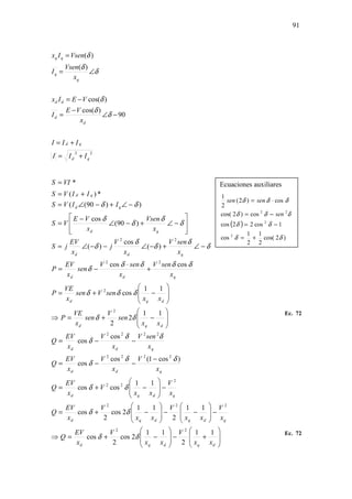 91
Ec. 72
Ec. 72
22
90
)cos(
)cos(
)(
)(
qd
qd
d
d
dd
q
q
qq
III
III
x
VE
I
VEIx
x
Vsen
I
VsenIx
+=
+=
−∠
−
=
−=
∠=
=
δ
δ
δ
δ
δ
δ








+−








−+=⇒
−








−−








−+=
−








−+=
−
−−=
−−=








−+=⇒








−+=
+
⋅
−=
−∠+−∠−−∠=








−∠+−∠
−
=
−∠+−∠=
+=
=
dqdqd
qdqdqd
qdqd
qdd
qdd
dqd
dqd
qdd
qdd
qd
qd
qd
xx
V
xx
V
x
EV
Q
x
V
xx
V
xx
V
x
EV
Q
x
V
xx
V
x
EV
Q
x
V
x
V
x
EV
Q
x
senV
x
V
x
EV
Q
xx
sen
V
sen
x
VE
P
xx
senVsen
x
VE
P
x
senV
x
senV
sen
x
EV
P
x
senV
x
V
j
x
EV
jS
x
Vsen
x
VE
VS
IIVS
IIVS
VIS
11
2
11
2cos
2
cos
11
2
11
2cos
2
cos
11
coscos
)cos1(cos
cos
cos
cos
11
2
2
11
cos
coscos
)(
cos
)(
)90(
cos
))90((
*)(
*
22
222
2
22
2222
2222
2
2
22
22
δδ
δδ
δδ
δδ
δ
δδ
δ
δδ
δδδ
δδδδ
δ
δ
δ
δ
δ
δ
δ
δ
δ
δ
δδ
Ecuaciones auxiliares
( )
)2cos(
2
1
2
1
cos
1cos22cos
cos)2cos(
cos)2(
2
1
2
2
22
δδ
δδ
δδδ
δδδ
+=
−=
−=
⋅=
sen
sensen
 