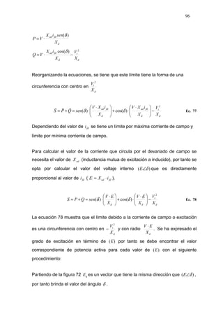 96
d
fdad
X
seniX
VP
)(δ
⋅=
d
t
d
fdad
X
V
X
iX
VQ
2
)cos(
−⋅=
δ
Reorganizando la ecuaciones, se tiene que este límite tiene la forma de una
circunferencia con centro en
d
t
X
V 2
d
t
d
fdad
d
fdad
X
V
X
iXV
X
iXV
senQPS
2
)cos()( −




 ⋅
⋅+




 ⋅
⋅=+= δδ Ec. 77
Dependiendo del valor de fdi se tiene un límite por máxima corriente de campo y
límite por mínima corriente de campo.
Para calcular el valor de la corriente que circula por el devanado de campo se
necesita el valor de adX (inductancia mutua de excitación a inducido), por tanto se
opta por calcular el valor del voltaje interno )( δ∠E que es directamente
proporcional al valor de fdi ( fdad iXE ⋅= ).
d
t
dd X
V
X
EV
X
EV
senQPS
2
)cos()( −




 ⋅
⋅+




 ⋅
⋅=+= δδ Ec. 78
La ecuación 78 muestra que el límite debido a la corriente de campo o excitación
es una circunferencia con centro en
d
t
X
V 2
− y con radio
dX
EV ⋅
. Se ha expresado el
grado de excitación en término de )(E por tanto se debe encontrar el valor
correspondiente de potencia activa para cada valor de )(E con el siguiente
procedimiento:
Partiendo de la figura 72 qE es un vector que tiene la misma dirección que )( δ∠E ,
por tanto brinda el valor del ángulo δ .
 
