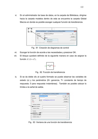 122
vi. En el administrador de base de datos, en la carpeta de Biblioteca, dirigirse
hacia la carpeta modelos dentro de esta se encuentra la carpeta Global
Macros en donde es posible escoger cualquier función de transferencia.
Fig. 81 Creación de diagramas de control
vii. Escoger la función de acorde a las necesidades y presionar OK.
viii. El bloque quedará definido de la siguiente manera en caso de asignar la
función )1/( sTK + .
Fig. 82 Función de transferencia
ix. Si se da doble clic al cuadro formado se puede observar las variables de
estado (x) y los parámetros (K= ganancia, T= constante de tiempo de
respuesta; 0 para respuesta instantánea). También es posible colocar lo
límites a la señal de salida.
Fig. 83 Ventana de una función de transferencia
 