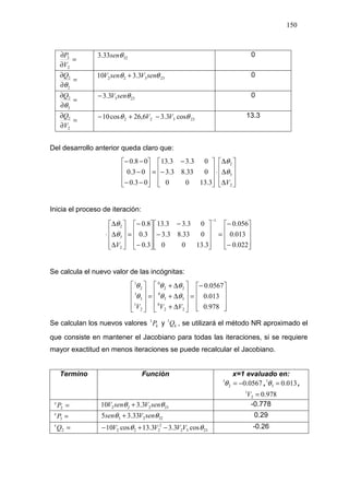150
=
∂
∂
2
3
V
P 3233.3 θsen 0
=
∂
∂
2
2
θ
Q 23322 3.310 θθ senVsenV + 0
=
∂
∂
3
2
θ
Q 2333.3 θsenV− 0
=
∂
∂
2
2
V
Q 23322 cos3.36,26cos10 θθ VV −+− 13.3
Del desarrollo anterior queda claro que:










∆
∆
∆
⋅










−
−
=










−−
−
−−
2
3
2
3.1300
033.83.3
03.33.13
03.0
03.0
08.0
V
θ
θ
Inicia el proceso de iteración:










−
−
=










−
−










−
−
=










∆
∆
∆
⋅
−
022.0
013.0
056.0
3.1300
033.83.3
03.33.13
3.0
3.0
8.0
1
2
3
2
V
θ
θ
Se calcula el nuevo valor de las incógnitas:









−
=










∆+
∆+
∆+
=










978.0
013.0
0567.0
22
0
33
0
22
0
2
1
3
1
2
1
VVV
θθ
θθ
θ
θ
Se calculan los nuevos valores kP1
y kQ1
, se utilizará el método NR aproximado el
que consiste en mantener el Jacobiano para todas las iteraciones, si se requiere
mayor exactitud en menos iteraciones se puede recalcular el Jacobiano.
Termino Función x=1 evaluado en:
0567.02
1
−=θ , 013.03
1
=θ ,
978.02
1
=V
=2Px
23222 3.310 θθ senVsenV + -0.778
=3Px
3223 33.35 θθ senVsen + 0.29
=2Qx
2332
2
222 cos3.33.13cos10 θθ VVVV −+− -0.26
 