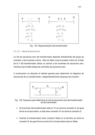 168
Fig. 124 Representación del transformador
3.2.1.2.2. Red de Secuencia Cero
La red de secuencia cero del transformador depende directamente del grupo de
conexión y de la puesta a tierra. Esto se debe a que la puesta a tierra en el lado
de la Y del transformador ofrece un camino a las corrientes de secuencia cero,
mientras que la delta atrapa las corrientes de secuencia cero
A continuación se describe el método general para determinar el diagrama de
secuencias de un transformador, independientemente del grupo de conexión.
Fig. 125 Esquema para determinar la red de secuencia cero del transformador
de dos devanados
• Si el primario del transformador está en Yn se cierra la conexión A, de igual
forma en el secundario, si este tiene conexión Yn se cierra la conexión D.
• Cuando el transformador tiene conexión Delta en el primario se cierra la
conexión B, de igual forma se sierra D si el secundario esta en Delta.
 