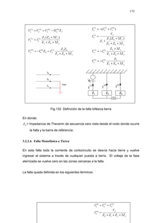 173
faaaa ZIVVV )0()0()2()1(
3−==
f
f
aa
ZZZ
ZZZ
IV
3
)3(
02
02)1()1(
++
+
=
f
aaa
ZZZ
ZZ
IZIV
302
02)1(
0
)0()0(
++
=−=
Fig.132 Definición de la falla bifásica tierra
En donde:
0Z = Impedancia de Thevenin de secuencia cero vista desde el nodo donde ocurre
la falla y la barra de referencia.
3.2.2.4. Falla Monofásica a Tierra
En esta falla toda la corriente de cortocircuito se desvía hacia tierra y vuelve
ingresar al sistema a través de cualquier puesta a tierra. El voltaje de la fase
aterrizada se vuelve cero en las zonas cercanas a la falla.
La falla queda definida en los siguientes términos:
f
aa
f
f
aa
f
f
f
a
aaa
ZZZ
Z
II
ZZZ
ZZ
II
ZZZ
ZZZ
Z
V
I
III
3
3
3
3
)3(
)(
02
2)1()0(
02
0)1()2(
02
02
1
)1(
)0()2()1(
++
−=
++
+
−=
++
+
+
=
+−=
f
f
a
aaa
ZZZZ
V
I
III
3210
)0(
)2()1()0(
+++
=
==
 