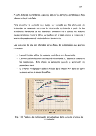 189
A partir de la red momentánea es posible obtener las corrientes simétricas de falla
y la corriente pico de falla.
Para encontrar la corriente que puede ser censada por los elementos de
protección es necesario encontrar la impedancia equivalente a partir de las
reactancias transitorias de los elementos, omitiendo en el cálculo los motores
cuya potencia sea menor a 50 hp. Al igual que en el caso anterior la resistencia y
reactancia pueden ser calculadas independientemente.
Las corrientes de falla son alteradas por un factor de multiplicación que permite
considerar:
• La contribución aditiva de corriente continúa al pico de corriente.
• La eventual contribución substractiva de corriente AC debido al cambio de
las reactancias. Este efecto es apreciable cuando la generación de
potencia es local.
• El factor de multiplicación esta en función de la relación X/R de la red como
se puede ver en la siguiente gráfica.
Fig. 140 Factores de multiplicación para el cálculo de la corriente simétrica de
cortocircuito
 