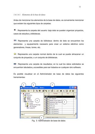11
1.4.1.4.1. Elementos de la base de datos
Antes de mencionar los elementos de la base de datos, es conveniente mencionar
que existen los siguientes tipos de carpetas:
: Representa la carpeta del usuario: bajo ésta se pueden organizar proyectos,
casos de estudios y bibliotecas.
: Representa una carpeta de biblioteca: dentro de ésta se encuentran los
elementos y equipamiento necesario para crear un sistema eléctrico como
generadores, líneas, torres, etc.
: Representa una carpeta normal dentro de la cual se puede almacenar un
conjunto de proyectos, o un conjunto de bibliotecas.
: Representa una carpeta de resultados; en la cual los datos solicitados se
encuentran tabulados y accesibles para ser tratados en cualquier otro software.
Es posible visualizar en el Administrador de base de datos las siguientes
herramientas:
Fig. 5 Administrador de base de datos
1 2 3
4
5
6
 