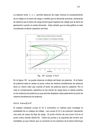 266
La relación entre CP y CV permite observar de mejor manera el comportamiento
de el voltaje en la barra de carga a medida que la demanda aumenta, claramente
se observa que la barra de carga tendrá igual magnitud de voltaje que la barra de
generación cuando no existe demanda. Cabe señalar que en esta gráfica no esta
considerado el efecto capacitivo de línea.
Fig. 181 Curvas V Vs P
En la figura 181 se puede observar el efecto del factor de potencia. Si el factor
de potencia está en atraso el punto crítico de máxima transferencia de potencia
tiene un menor valor que cuando el factor de potencia está en adelanto. Por lo
visto la compensación capacitiva en las barras de carga tiene un efecto positivo
en los sistemas de potencia ya que permite desplazar adecuadamente el punto de
máxima transferencia de potencia.
4.2.3.2. Curva Q Vs P
El análisis mediante curvas Q Vs V suministra un método para investigar la
posibilidad de un colapso de voltaje. Las curvas Q Vs V se producen calculando
una serie de casos de flujo de carga. El punto mínimo de una curva V-Q es el
punto crítico (donde dQ/dV=0). Todos los puntos a la izquierda del mínimo son
inestables ya que indican que un aumento en los reactivos de la barra disminuye
 