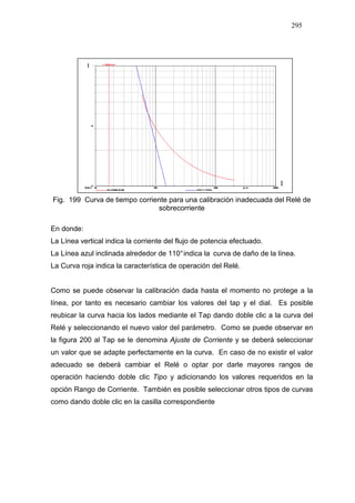 295
Fig. 199 Curva de tiempo corriente para una calibración inadecuada del Relé de
sobrecorriente
En donde:
La Línea vertical indica la corriente del flujo de potencia efectuado.
La Línea azul inclinada alrededor de 110°indica la curva de daño de la línea.
La Curva roja indica la característica de operación del Relé.
Como se puede observar la calibración dada hasta el momento no protege a la
línea, por tanto es necesario cambiar los valores del tap y el dial. Es posible
reubicar la curva hacia los lados mediante el Tap dando doble clic a la curva del
Relé y seleccionando el nuevo valor del parámetro. Como se puede observar en
la figura 200 al Tap se le denomina Ajuste de Corriente y se deberá seleccionar
un valor que se adapte perfectamente en la curva. En caso de no existir el valor
adecuado se deberá cambiar el Relé o optar por darle mayores rangos de
operación haciendo doble clic Tipo y adicionando los valores requeridos en la
opción Rango de Corriente. También es posible seleccionar otros tipos de curvas
como dando doble clic en la casilla correspondiente
I
t
 