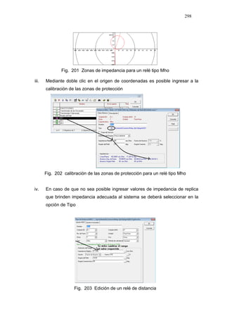 298
Fig. 201 Zonas de impedancia para un relé tipo Mho
iii. Mediante doble clic en el origen de coordenadas es posible ingresar a la
calibración de las zonas de protección
Fig. 202 calibración de las zonas de protección para un relé tipo Mho
iv. En caso de que no sea posible ingresar valores de impedancia de replica
que brinden impedancia adecuada al sistema se deberá seleccionar en la
opción de Tipo
Fig. 203 Edición de un relé de distancia
 