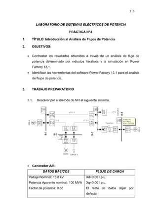 316
LABORATORIO DE SISTEMAS ELÉCTRICOS DE POTENCIA
PRÁCTICA N°4
1. TÍTULO: Introducción al Análisis de Flujos de Potencia
2. OBJETIVOS:
• Contrastar los resultados obtenidos a través de un análisis de flujo de
potencia determinado por métodos iterativos y la simulación en Power
Factory 13,1.
• Identificar las herramientas del software Power Factory 13.1 para el análisis
de flujos de potencia.
3. TRABAJO PREPARATORIO
3.1. Resolver por el método de NR el siguiente sistema.
• Generador A/B:
DATOS BÁSICOS FLUJO DE CARGA
Voltaje Nominal: 13.8 kV
Potencia Aparente nominal: 100 MVA
Factor de potencia: 0.85
Xd=0.001 p.u.
Xq=0.001 p.u.
El resto de datos dejar por
defecto
 