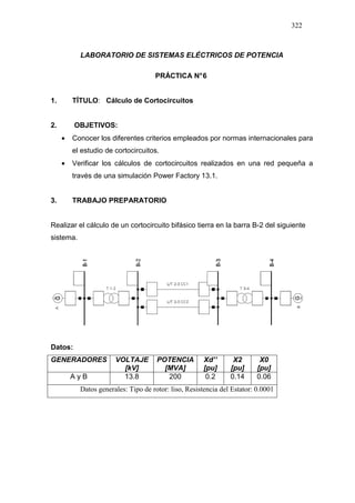 322
LABORATORIO DE SISTEMAS ELÉCTRICOS DE POTENCIA
PRÁCTICA N°6
1. TÍTULO: Cálculo de Cortocircuitos
2. OBJETIVOS:
• Conocer los diferentes criterios empleados por normas internacionales para
el estudio de cortocircuitos.
• Verificar los cálculos de cortocircuitos realizados en una red pequeña a
través de una simulación Power Factory 13.1.
3. TRABAJO PREPARATORIO
Realizar el cálculo de un cortocircuito bifásico tierra en la barra B-2 del siguiente
sistema.
Datos:
GENERADORES VOLTAJE
[kV]
POTENCIA
[MVA]
Xd’’
[pu]
X2
[pu]
X0
[pu]
A y B 13.8 200 0.2 0.14 0.06
Datos generales: Tipo de rotor: liso, Resistencia del Estator: 0.0001
 