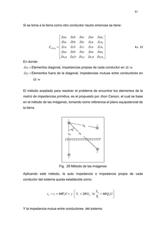41
Si se toma a la tierra como otro conductor neutro entonces se tiene:
















=
111111
1
1
1
1
nZnnZncZnbZnaZn
ZnnZnnZncZnbZna
ZcnZcnZccZcbZca
ZcnZcnZbcZbbZba
ZanZanZacZabZaa
Zabcng Ec. 23
En donde:
=Zxx Elementos diagonal, impedancias propias de cada conductor en m/Ω
=Zxy Elementos fuera de la diagonal, impedancias mutuas entre conductores en
m/Ω
El método aceptado para resolver el problema de encontrar los elementos de la
matriz de impedancias primitiva, es el propuesto por Jhon Carson, el cual se base
en el método de las imágenes, tomando como referencia el plano equipotencial de
la tierra.
Fig. 28 Método de las imágenes
Aplicando esté método, la auto impedancia o impedancia propia de cada
conductor del sistema queda establecida como:






+⋅+⋅++= GQ
R
S
GXjGPrz ii
i
ij
ijiiiiii ϖϖϖ 4ln24
Y la impedancia mutua entre conductores del sistema:
 