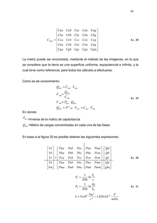 45
















=
CgmCgnCgcCgbCga
CngCnnCncCnbCna
CcgCcnCccCcbCca
CbgCbnCbcCbbCba
CagCanCacCabCaa
Cabcn Ec. 28
La matriz puede ser encontrada, mediante el método de las imágenes, en la que
se considera que la tierra es una superficie uniforme, equipotencial e infinita, y la
cual sirve como referencia, para todos los cálculos a efectuarse.
Como es de conocimiento:
abcabcabcabcabc
abcabcabc
abc
abc
abc
abcabcabc
VCVPQ
QPV
C
Q
V
VCQ
⋅=⋅=
⋅=
=
⋅=
−1
Ec. 29
En donde:
abcP
=Inversa de la matriz de capacitancia
abcQ =Matriz de cargas concentradas en cada una de las fases
En base a la figura 30 es posible obtener las siguientes expresiones:
















⋅
















=
















Qm
Qn
Qc
Qb
Qa
PmmPmnPmcPmbPma
PnmPnnPncPnbPna
PcmPcnPccPcbPca
PcmPbnPbcPbbPba
PamPanPacPabPaa
Vm
Vn
Vc
Vb
Va
Ec. 30
milla
F
x
c
Nm
xk
S
Sij
k
P
r
S
k
P
ij
ij
i
ii
ii
8
2
2
9
10424,1;109
ln
2
1
ln
2
1
−
=
Π
=
Π
=
Ec. 31
 