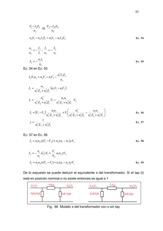 82
2
222
1
111
n
ZIV
n
ZIV −−
=
2212111212 ZInVnZInVn −=− Ec. 54
1
2
2
1
I
I
n
n
−= ;
1
2
2
1
n
I
n
I
−=
2
11
2
n
In
I −= Ec. 55
Ec. 54 en Ec. 55
2
21
2
1
2112211
n
ZIn
VnVnnZI −−=
( )2112
1
2
22
2
1
2
1 VnVn
ZnZn
n
I −
+
=
2
1
2
22
2
1
12
1
1
2
22
2
1
2
2
1 V
ZnZn
nn
V
ZnZn
n
I
+
−
+
=
( ) 





+
−
+
+
+
−=
1
2
22
2
1
21
1
2
22
2
1
2
2
1
1
2
22
2
1
21
211
ZnZn
nn
ZnZn
n
V
ZnZn
nn
VVI Ec. 56
1
2
22
2
1
1
ZnZn
y
+
= Ec. 57
Ec. 57 en Ec. 56
112221211 )()( yVnnnVVynnI −+−= Ec. 58
221
2
1
1
2
2
2
1
2 yVnn
N
V
yVn
n
n
I +−=
221112212 )()( yVnnnVVynnI −+−= Ec. 59
De lo expuesto se puede deducir el equivalente π del transformador. Si el tap (t)
está en posición nominal o no existe entonces es igual a 1
Fig. 66 Modelo π del transformador con o sin tap
 
