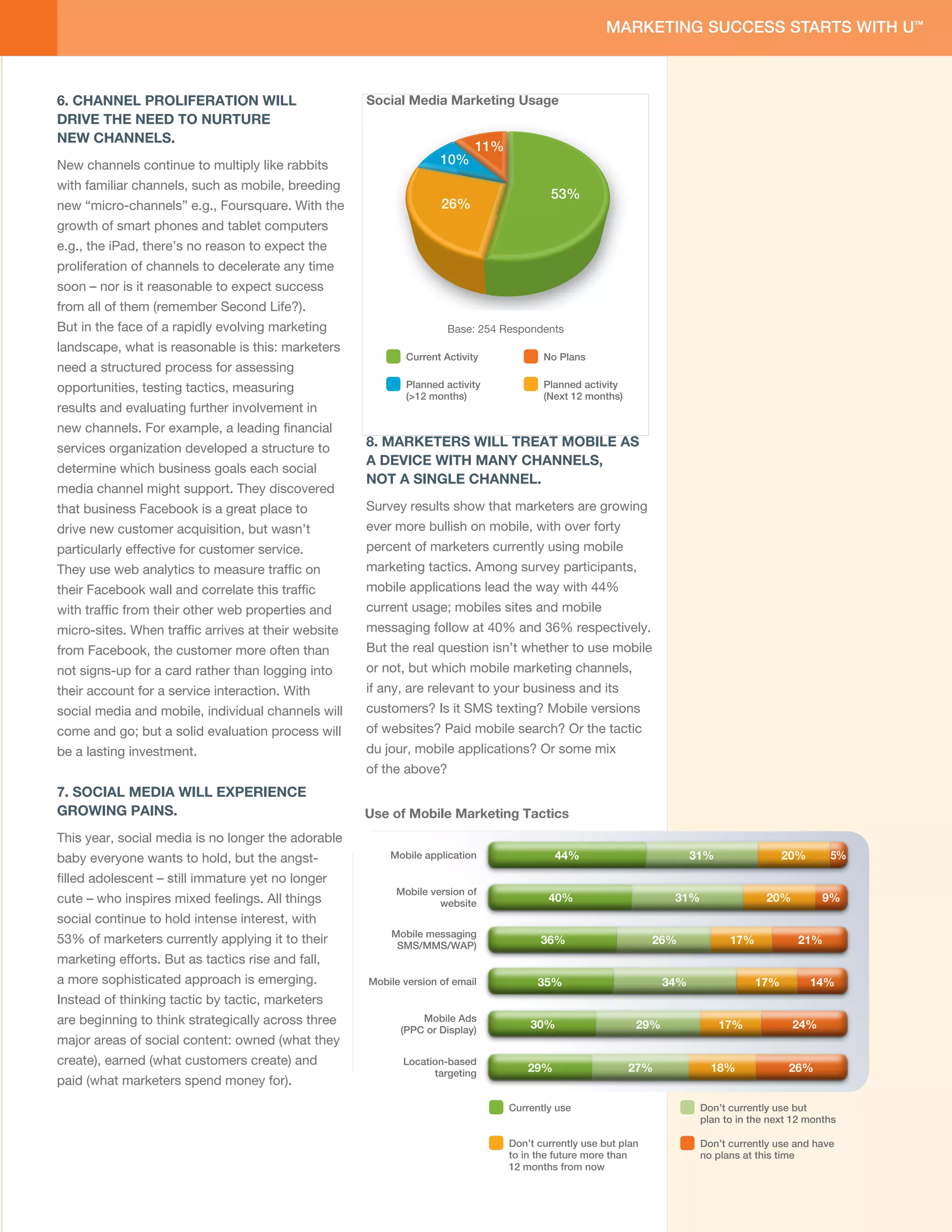6. CHANNEL PROLIFERATION WILL                       Social Media Marketing Usage
DRIVE THE NEED TO NURTURE
NEW CHANNELS.
                                                                          11%
New channels continue to multiply like rabbits                     10%
with familiar channels, such as mobile, breeding
                                                                                         53%
new “micro-channels” e.g., Foursquare. With the                    26%
growth of smart phones and tablet computers
e.g., the iPad, there’s no reason to expect the
proliferation of channels to decelerate any time
soon – nor is it reasonable to expect success
from all of them (remember Second Life?).
But in the face of a rapidly evolving marketing                     Base: 254 Respondents
landscape, what is reasonable is this: marketers
                                                           Current Activity            No Plans
need a structured process for assessing
opportunities, testing tactics, measuring                  Planned activity            Planned activity
                                                           (>12 months)                (Next 12 months)
results and evaluating further involvement in
new channels. For example, a leading ﬁnancial
services organization developed a structure to      8. MARKETERS WILL TREAT MOBILE AS
                                                    A DEVICE WITH MANY CHANNELS,
determine which business goals each social
                                                    NOT A SINGLE CHANNEL.
media channel might support. They discovered
that business Facebook is a great place to          Survey results show that marketers are growing
drive new customer acquisition, but wasn’t          ever more bullish on mobile, with over forty
particularly effective for customer service.        percent of marketers currently using mobile
They use web analytics to measure trafﬁc on         marketing tactics. Among survey participants,
their Facebook wall and correlate this trafﬁc       mobile applications lead the way with 44%
with trafﬁc from their other web properties and     current usage; mobiles sites and mobile
micro-sites. When trafﬁc arrives at their website   messaging follow at 40% and 36% respectively.
from Facebook, the customer more often than         But the real question isn’t whether to use mobile
not signs-up for a card rather than logging into    or not, but which mobile marketing channels,
their account for a service interaction. With       if any, are relevant to your business and its
social media and mobile, individual channels will   customers? Is it SMS texting? Mobile versions
come and go; but a solid evaluation process will    of websites? Paid mobile search? Or the tactic
be a lasting investment.                            du jour, mobile applications? Or some mix
                                                    of the above?
7. SOCIAL MEDIA WILL EXPERIENCE
GROWING PAINS.                                      Use of Mobile Marketing Tactics
This year, social media is no longer the adorable
baby everyone wants to hold, but the angst-             Mobile application                44%                          31%                20%      5%
ﬁlled adolescent – still immature yet no longer
                                                         Mobile version of
cute – who inspires mixed feelings. All things                    website               40%                       31%                 20%         9%
social continue to hold intense interest, with
                                                        Mobile messaging
53% of marketers currently applying it to their          SMS/MMS/WAP)
                                                                                      36%                      26%            17%           21%
marketing efforts. But as tactics rise and fall,
a more sophisticated approach is emerging.          Mobile version of email           35%                        34%                17%         14%
Instead of thinking tactic by tactic, marketers
are beginning to think strategically across three             Mobile Ads
                                                                                    30%                    29%               17%            24%
                                                          (PPC or Display)
major areas of social content: owned (what they
create), earned (what customers create) and                Location-based
                                                                 targeting          29%                   27%             18%             26%
paid (what marketers spend money for).
                                                                                Currently use                           Don’t currently use but
                                                                                                                        plan to in the next 12 months

                                                                                Don’t currently use but plan            Don’t currently use and have
                                                                                to in the future more than              no plans at this time
                                                                                12 months from now
 