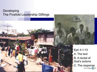 Developing
The Fivefold Leadership Giftings
Eph 4:1-13
A. The text
B. A recital of
God’s actions
C. The response
© Viv Grigg, Sept 03
 