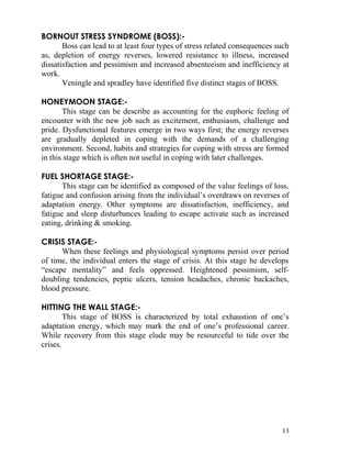 BORNOUT STRESS SYNDROME (BOSS):-
       Boss can lead to at least four types of stress related consequences such
as, depletion of energy reverses, lowered resistance to illness, increased
dissatisfaction and pessimism and increased absenteeism and inefficiency at
work.
       Veningle and spradley have identified five distinct stages of BOSS.

HONEYMOON STAGE:-
       This stage can be describe as accounting for the euphoric feeling of
encounter with the new job such as excitement, enthusiasm, challenge and
pride. Dysfunctional features emerge in two ways first; the energy reverses
are gradually depleted in coping with the demands of a challenging
environment. Second, habits and strategies for coping with stress are formed
in this stage which is often not useful in coping with later challenges.

FUEL SHORTAGE STAGE:-
       This stage can be identified as composed of the value feelings of loss,
fatigue and confusion arising from the individual’s overdraws on reverses of
adaptation energy. Other symptoms are dissatisfaction, inefficiency, and
fatigue and sleep disturbances leading to escape activate such as increased
eating, drinking & smoking.

CRISIS STAGE:-
      When these feelings and physiological symptoms persist over period
of time, the individual enters the stage of crisis. At this stage he develops
“escape mentality” and feels oppressed. Heightened pessimism, self-
doubling tendencies, peptic ulcers, tension headaches, chronic backaches,
blood pressure.

HITTING THE WALL STAGE:-
        This stage of BOSS is characterized by total exhaustion of one’s
adaptation energy, which may mark the end of one’s professional career.
While recovery from this stage elude may be resourceful to tide over the
crises.




                                                                            13
 