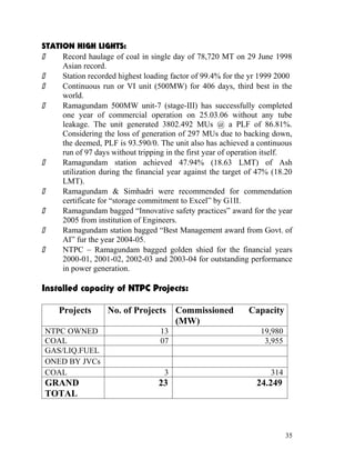 STATION HIGH LIGHTS:
    Record haulage of coal in single day of 78,720 MT on 29 June 1998
     Asian record.
    Station recorded highest loading factor of 99.4% for the yr 1999 2000
    Continuous run or VI unit (500MW) for 406 days, third best in the
     world.
    Ramagundam 500MW unit-7 (stage-III) has successfully completed
     one year of commercial operation on 25.03.06 without any tube
     leakage. The unit generated 3802.492 MUs @ a PLF of 86.81%.
     Considering the loss of generation of 297 MUs due to backing down,
     the deemed, PLF is 93.590/0. The unit also has achieved a continuous
     run of 97 days without tripping in the first year of operation itself.
    Ramagundam station achieved 47.94% (18.63 LMT) of Ash
     utilization during the financial year against the target of 47% (18.20
     LMT).
    Ramagundam & Simhadri were recommended for commendation
     certificate for “storage commitment to Excel” by G1II.
    Ramagundam bagged “Innovative safety practices” award for the year
     2005 from institution of Engineers.
    Ramagundam station bagged “Best Management award from Govt. of
     AI” fur the year 2004-05.
    NTPC – Ramagundam bagged golden shied for the financial years
     2000-01, 2001-02, 2002-03 and 2003-04 for outstanding performance
     in power generation.

Installed capacity of NTPC Projects:

     Projects      No. of Projects      Commissioned         Capacity
                                        (MW)
NTPC OWNED                         13                            19,980
COAL                               07                             3,955
GAS/LIQ.FUEL
ONED BY JVCs
COAL                                3                               314
GRAND                             23                            24.249
TOTAL



                                                                          35
 