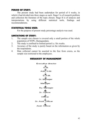 PERIOD OF STUDY:
       The present study had been undertaken for period of 6 weeks, in
which it had divided into three stages as such. Stage I is of research problem
and collection the literature of the topic chosen. Stage II is of analysis and
interpretations by using different statistical tools, findings and
recommendations.

STATISTICAL TOOLS USED:
     For the purpose of present study percentage analysis was used.

LIMITATIONS OF STUDY:
1.   The sample size chosen is covered only a small portion of the whole
     population of NTPC, Ramagundam.
2.   The study is confined to limited period i.e. Six weeks.
3.   Accuracy of the study is purely based on the information as given by
     the respondents.
4.   Data collected cannot be asserted to the free from crores, as the
     sample size restricted to the employees.

                     HIERARCHY OF MANAGEMENT




                                                                           42
 