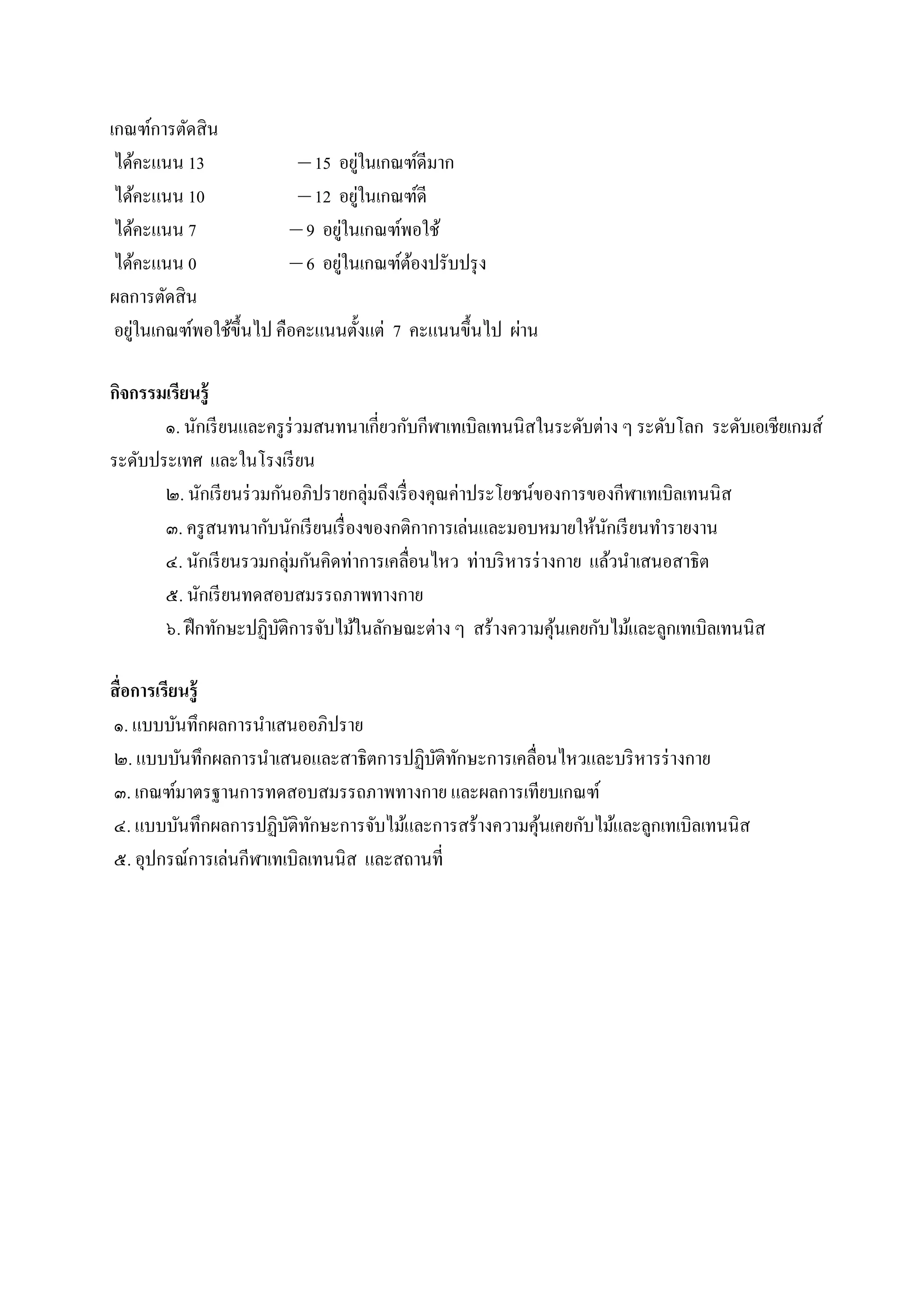 เกณฑ์การตัดสิน
 ได้คะแนน 13               – 15 อยูในเกณฑ์ดีมาก
                                     ่
 ได้คะแนน 10               – 12 อยูในเกณฑ์ดี
                                       ่
 ได้คะแนน 7               – 9 อยูในเกณฑ์พอใช้
                                 ่
 ได้คะแนน 0               – 6 อยูในเกณฑ์ตองปรับปรุ ง
                                   ่      ้
ผลการตัดสิน
 อยูในเกณฑ์พอใช้ข้ ึนไป คือคะแนนตั้งแต่ 7 คะแนนขึ้นไป ผ่าน
    ่

กิจกรรมเรียนรู้
       ๑. นักเรี ยนและครู ร่วมสนทนาเกี่ยวกับกีฬาเทเบิลเทนนิสในระดับต่าง ๆ ระดับโลก ระดับเอเชียเกมส์
ระดับประเทศ และในโรงเรี ยน
       ๒. นักเรี ยนร่ วมกันอภิปรายกลุ่มถึงเรื่ องคุณค่าประโยชน์ของการของกีฬาเทเบิลเทนนิส
       ๓. ครู สนทนากับนักเรี ยนเรื่ องของกติกาการเล่นและมอบหมายให้นกเรี ยนทารายงาน
                                                                       ั
       ๔. นักเรี ยนรวมกลุ่มกันคิดท่าการเคลื่อนไหว ท่าบริ หารร่ างกาย แล้วนาเสนอสาธิต
       ๕. นักเรี ยนทดสอบสมรรถภาพทางกาย
       ๖. ฝึ กทักษะปฏิบติการจับไม้ในลักษณะต่าง ๆ สร้างความคุนเคยกับไม้และลูกเทเบิลเทนนิส
                         ั                                       ้

สื่อการเรียนรู้
๑. แบบบันทึกผลการนาเสนออภิปราย
๒. แบบบันทึกผลการนาเสนอและสาธิตการปฏิบติทกษะการเคลื่อนไหวและบริ หารร่ างกาย
                                         ั ั
๓. เกณฑ์มาตรฐานการทดสอบสมรรถภาพทางกาย และผลการเทียบเกณฑ์
๔. แบบบันทึกผลการปฏิบติทกษะการจับไม้และการสร้างความคุนเคยกับไม้และลูกเทเบิลเทนนิส
                        ั ั                          ้
๕. อุปกรณ์การเล่นกีฬาเทเบิลเทนนิส และสถานที่
 