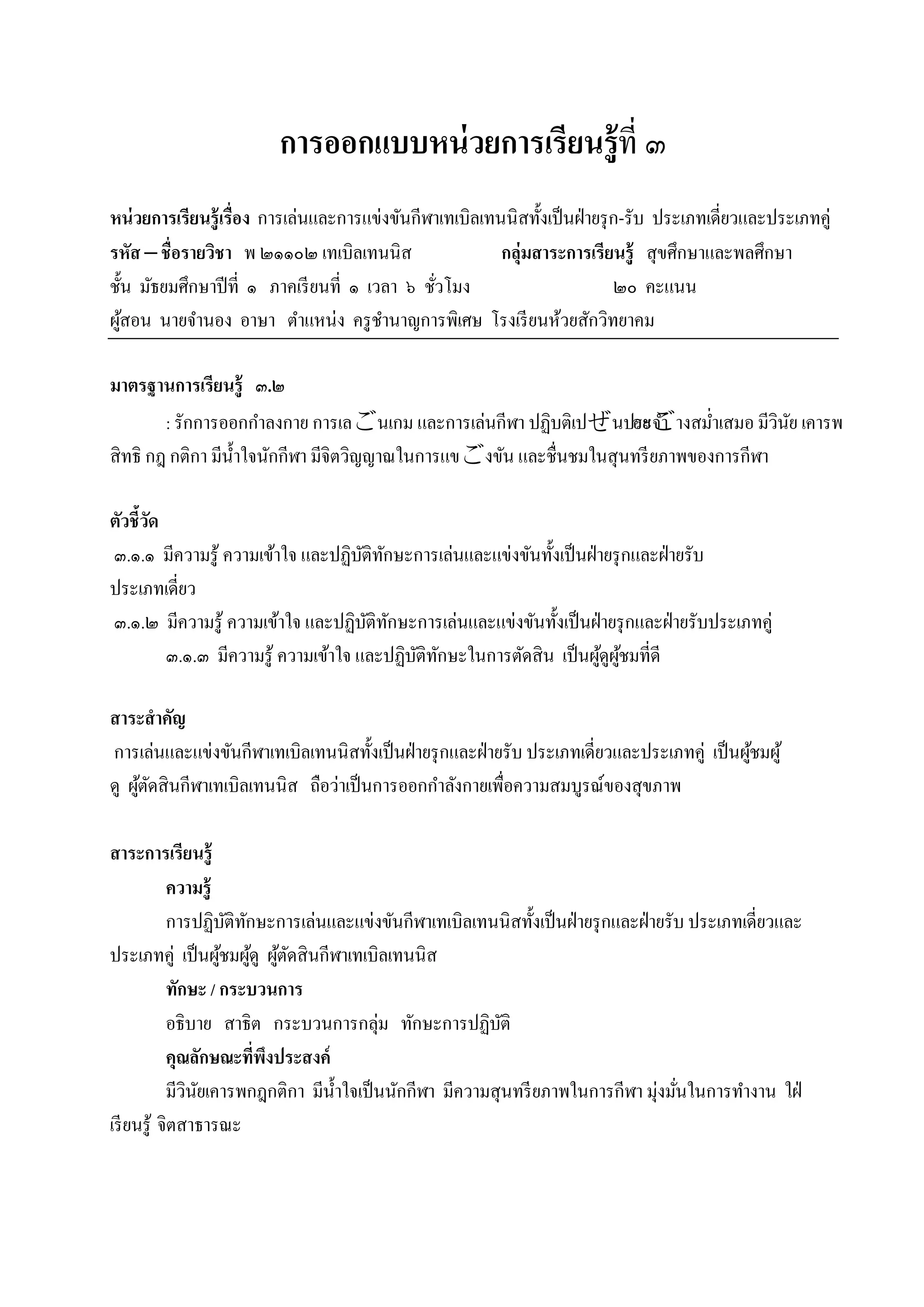 การออกแบบหน่ วยการเรียนรู้ที่ ๓
หน่ วยการเรียนรู้เรื่อง การเล่นและการแข่งขันกีฬาเทเบิลเทนนิสทั้งเป็ นฝ่ ายรุ ก-รับ ประเภทเดี่ยวและประเภทคู่
รหัส – ชื่อรายวิชา พ ๒๑๑๐๒ เทเบิลเทนนิส                  กลุ่มสาระการเรียนรู้ สุขศึกษาและพลศึกษา
ชั้น มัธยมศึกษาปี ที่ ๑ ภาคเรี ยนที่ ๑ เวลา ๖ ชัวโมง
                                                ่                            ๒๐ คะแนน
ผูสอน นายจานอง อาษา ตาแหน่ง ครู ชานาญการพิเศษ โรงเรี ยนห้วยสักวิทยาคม
   ้

มาตรฐานการเรียนรู้ ๓.๒
        : รักการออกกาลงกาย การเลนเกม และการเล่นกีฬา ปฏิบติเปนประจา อยางสม่าเสมอ มีวินย เคารพ
                                                                                        ั
สิทธิ กฎ กติกา มีน้ าใจนักกีฬา มีจิตวิญญาณในการแขงขัน และชื่นชมในสุนทรี ยภาพของการกีฬา

ตัวชี้วด
       ั
๓.๑.๑ มีความรู้ ความเข้าใจ และปฏิบติทกษะการเล่นและแข่งขันทั้งเป็ นฝ่ ายรุ กและฝ่ ายรับ
                                     ั ั
ประเภทเดี่ยว
๓.๑.๒ มีความรู้ ความเข้าใจ และปฏิบติทกษะการเล่นและแข่งขันทั้งเป็ นฝ่ ายรุ กและฝ่ ายรับประเภทคู่
                                      ั ั
         ๓.๑.๓ มีความรู้ ความเข้าใจ และปฏิบติทกษะในการตัดสิน เป็ นผูดูผชมที่ดี
                                           ั ั                        ้ ู้

สาระสาคัญ
การเล่นและแข่งขันกีฬาเทเบิลเทนนิสทั้งเป็ นฝ่ ายรุ กและฝ่ ายรับ ประเภทเดี่ยวและประเภทคู่ เป็ นผูชมผู้
                                                                                               ้
ดู ผูตดสินกีฬาเทเบิลเทนนิส ถือว่าเป็ นการออกกาลังกายเพื่อความสมบูรณ์ของสุขภาพ
     ้ั

สาระการเรียนรู้
           ความรู้
           การปฏิบติทกษะการเล่นและแข่งขันกีฬาเทเบิลเทนนิสทั้งเป็ นฝ่ ายรุ กและฝ่ ายรับ ประเภทเดี่ยวและ
                    ั ั
ประเภทคู่ เป็ นผูชมผูดู ผูตดสินกีฬาเทเบิลเทนนิส
                   ้ ้ ้ั
           ทักษะ / กระบวนการ
           อธิบาย สาธิต กระบวนการกลุ่ม ทักษะการปฏิบติ      ั
           คุณลักษณะที่พงประสงค์
                        ึ
           มีวินยเคารพกฎกติกา มีน้ าใจเป็ นนักกีฬา มีความสุนทรี ยภาพในการกีฬา มุ่งมันในการทางาน ใฝ่
                ั                                                                    ่
เรี ยนรู้ จิตสาธารณะ
 