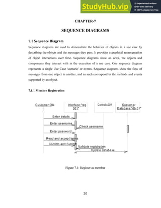 CHAPTER-7
SEQUENCE DIAGRAMS
7.1 Sequence Diagram
Sequence diagrams are used to demonstrate the behavior of objects in a use case by
describing the objects and the messages they pass. It provides a graphical representation
of object interactions over time. Sequence diagrams show an actor, the objects and
components they interact with in the execution of a use case. One sequence diagram
represents a single Use Case 'scenario' or events. Sequence diagrams show the flow of
messages from one object to another, and as such correspond to the methods and events
supported by an object.
7.1.1 Member Registration
Customer
Database:"db 01"
Interface:"reg
001"
Customer:Ola Control:c008
Validate registration
Update database
Send login parameters as email
Confirm and Submit
Read and accept terms
Check username
Enter password
Enter username
Enter details
Figure 7.1: Register as member
20
 