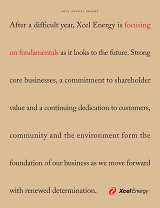 2002 ann ual report



After a difficult year, Xcel Energy is focusing


on fundamentals as it looks to the future. Strong


core businesses, a commitment to shareholder


value and a continuing dedication to customers,


community and the environment form the


foundation of our business as we move forward


with renewed determination.
 